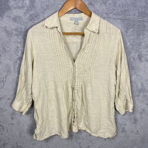 Foxcroft Womens 10P 100% Linen Capsule Tan Taupe Shirt Shaped Fit 3/4 Sleeve Top